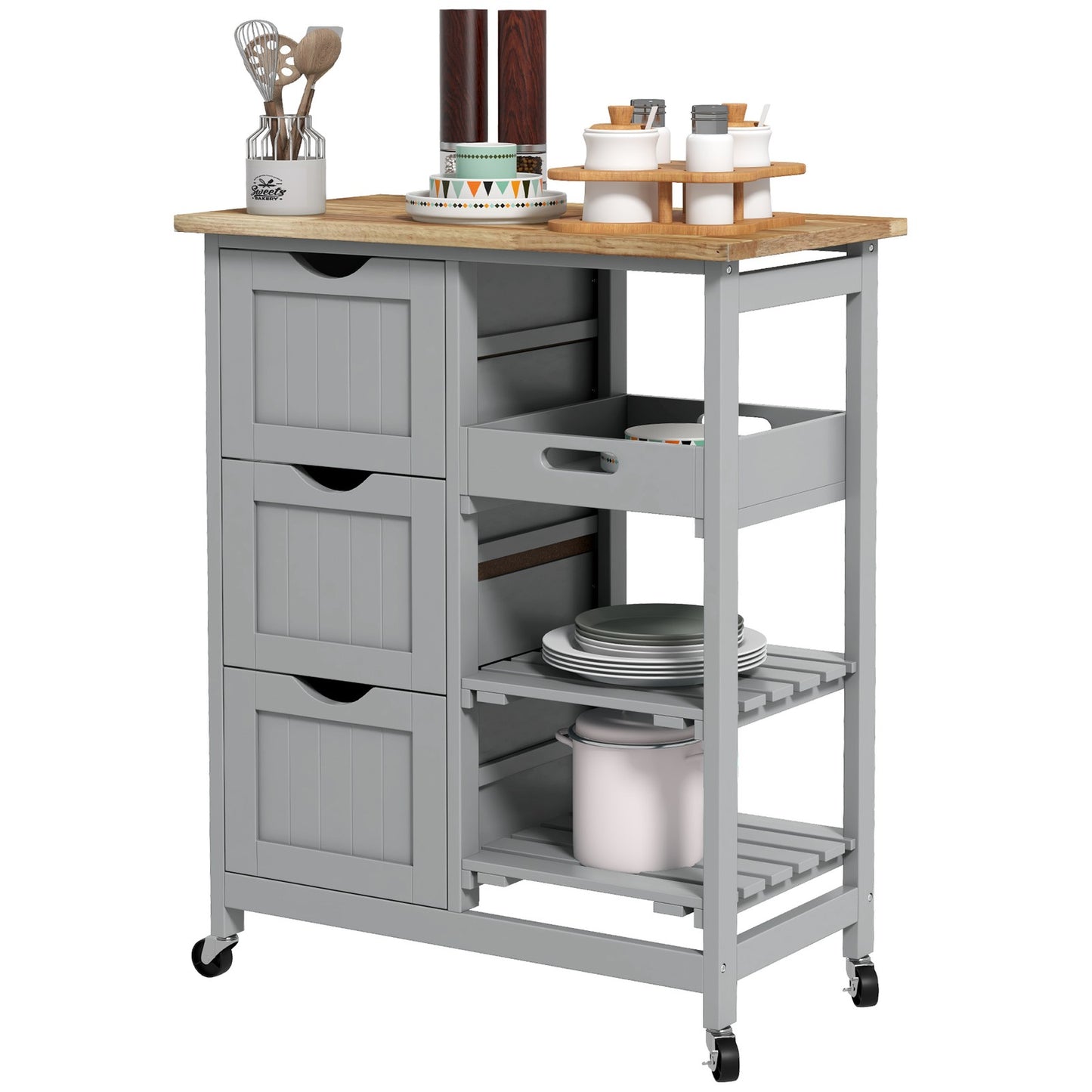 Rolling Kitchen Island Cart, Bar Serving Cart with Drawers, Gray