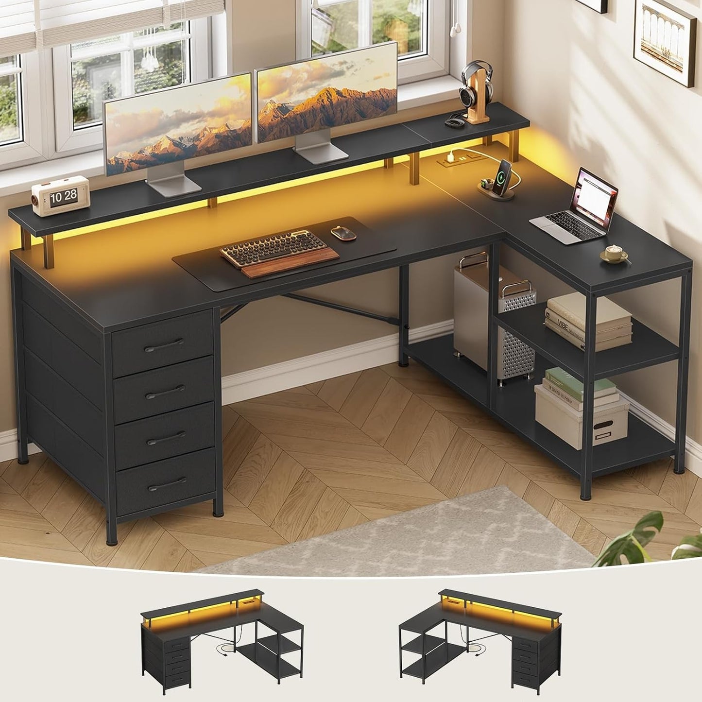 L Shaped Desk with 4 Drawers &Storage Shelves, Corner Computer Desk w/LED Lights