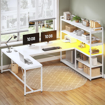 L Shaped Computer Desk, 63" Reversible Office Desk w/Storage Shelves &LED Lights