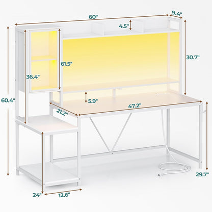 60'' Gaming Desk with Hutch and LED Lights, Computer Desk with Storage Shelves