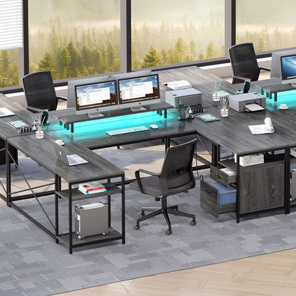 79 inch U Shaped Desk with Power Outlets & LED Lights Reversible Computer Desk