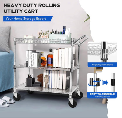 Heavy Duty Utility Cart with Handle 990lbs Capacity Metal 3 Tier Rolling Carts