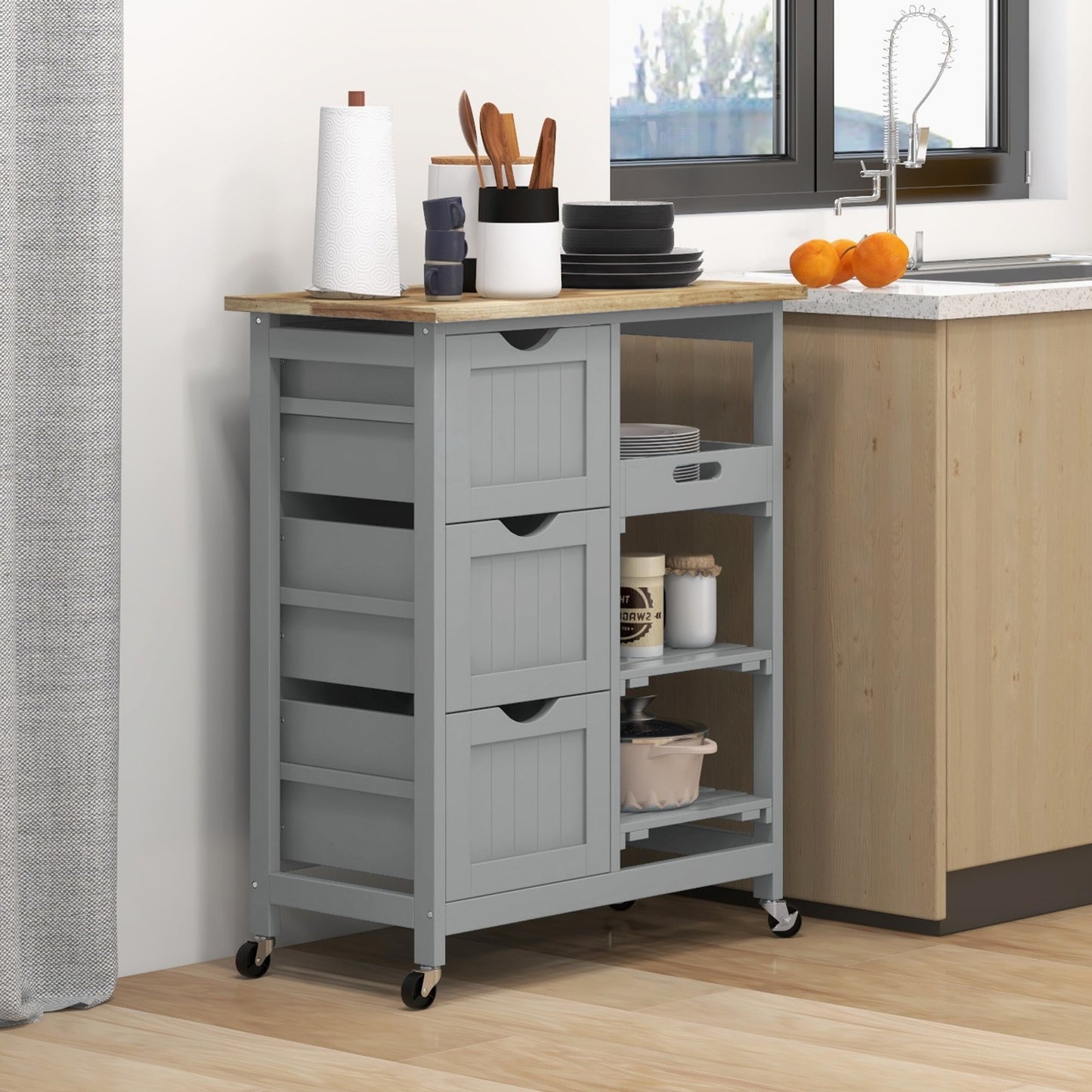 Rolling Kitchen Island Cart, Bar Serving Cart with Drawers, Gray