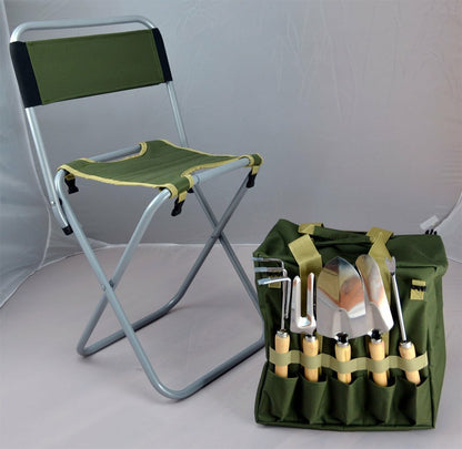 10-piece Gardening Tool Set with Zippered Detachable Tote and Folding Stool Seat
