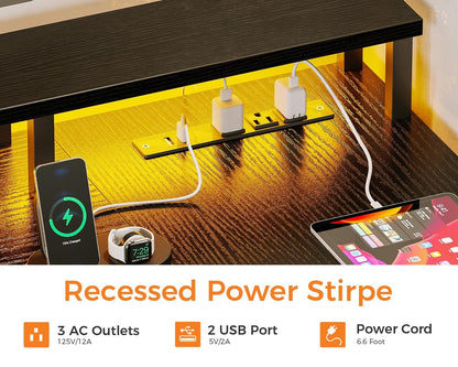 Reversible L Shaped Computer Desk Gaming Desk w/ Power Outlet & LED Strip,Black