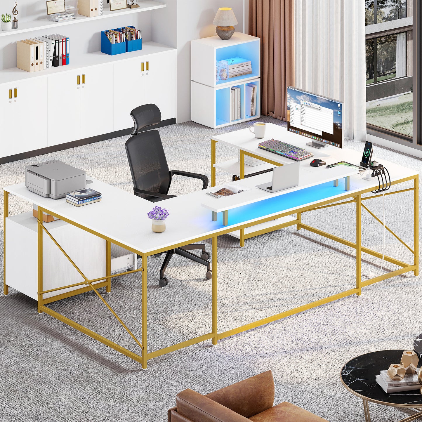 79 inch U Shaped Desk with Power Outlets & LED Lights Reversible Computer Desk