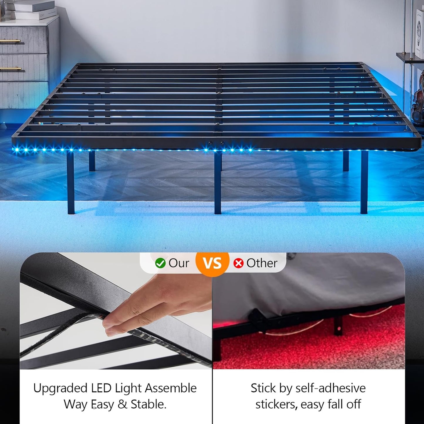 Floating Bed Frame Full with USB Charging Station/LED Lights 14'' Platform Bed