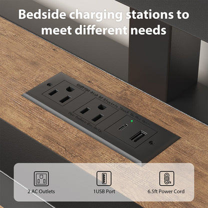 Full Queen Size Metal Platform Bed Frame with 2-Tier Storage Headboard＆Drawers