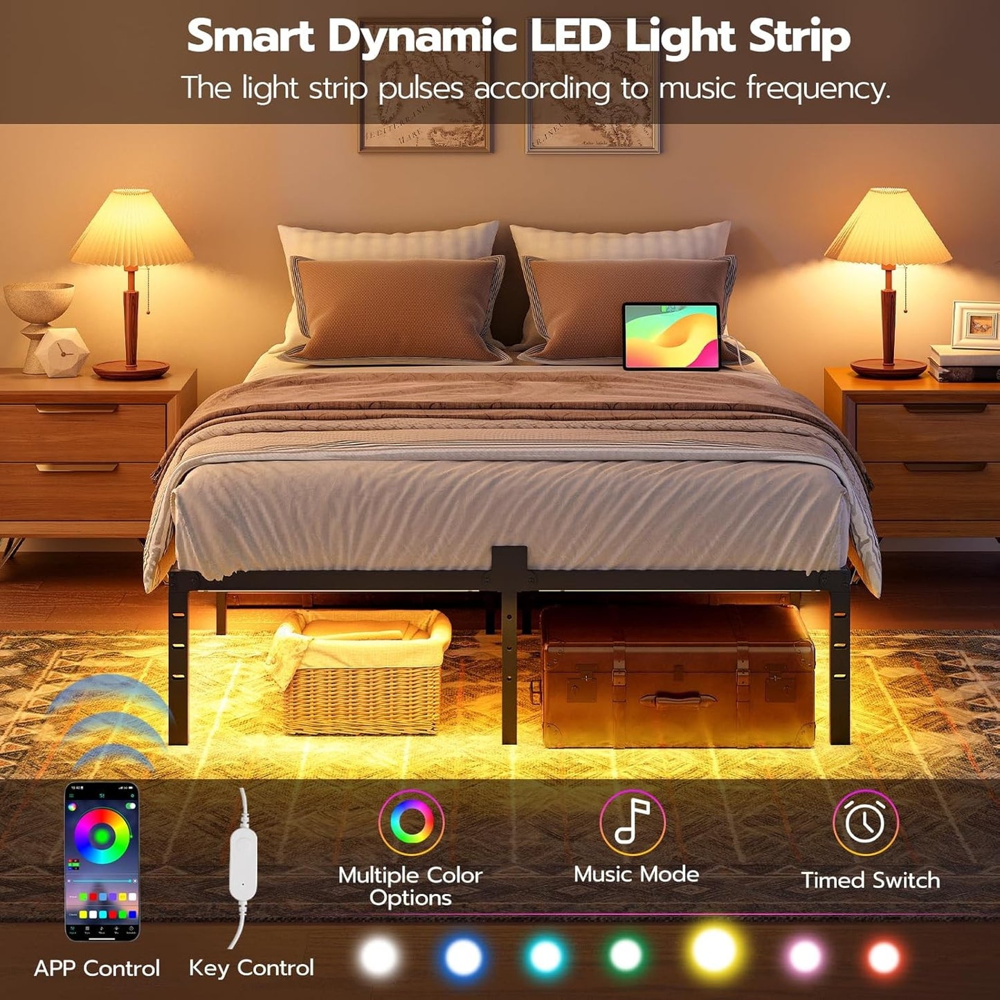 Full Bed Frame with LED Lights Metal Platform Bed Frame with Charging Station