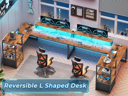 L Shaped Gaming Desk with LED Lights and Power Outlets, Reversible Computer Desk