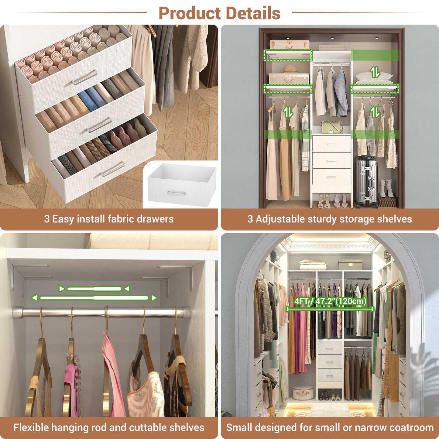 48'' Closet System with 3 Drawers Closet Organizer System Built-In Clothes Rack