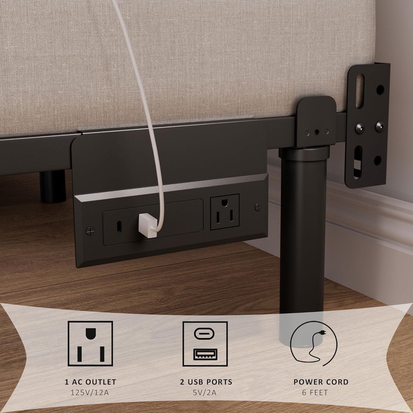 Twin Full Queen Bed Frame with LED Lights Charging Station Metal Platform Sturdy