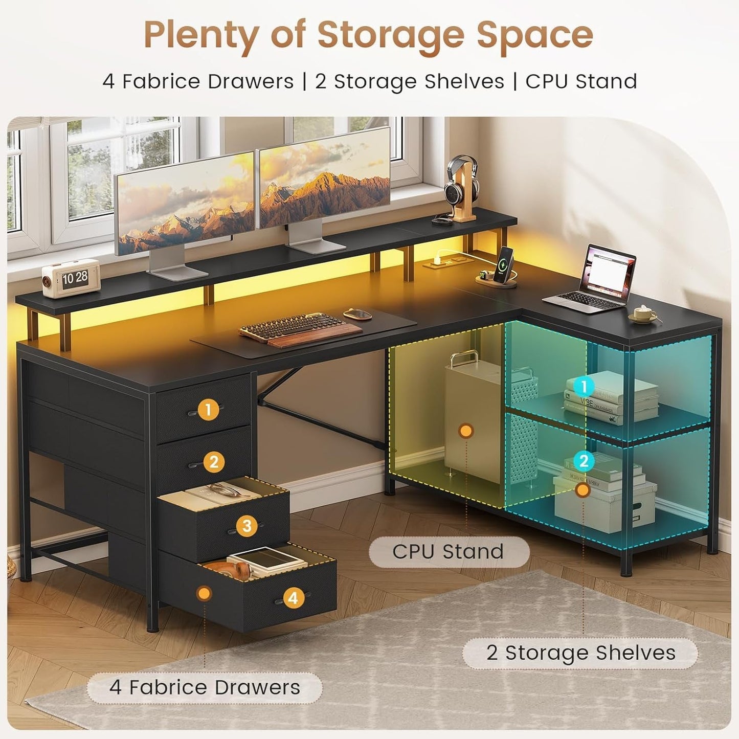 L Shaped Desk with 4 Drawers &Storage Shelves, Corner Computer Desk w/LED Lights