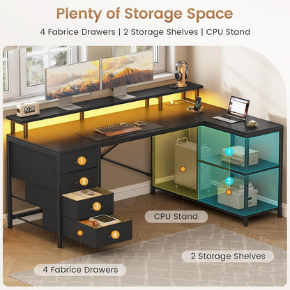 L Shaped Desk with 4 Drawers &Storage Shelves, Corner Computer Desk w/LED Lights