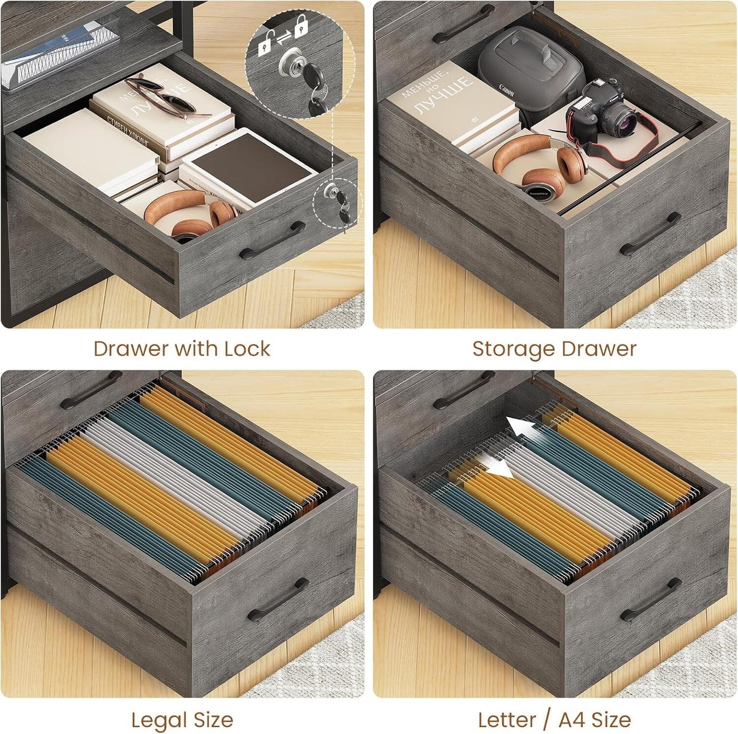Computer Desk with LED Lights & Power Outlet, Office Desk with Lockable Drawers