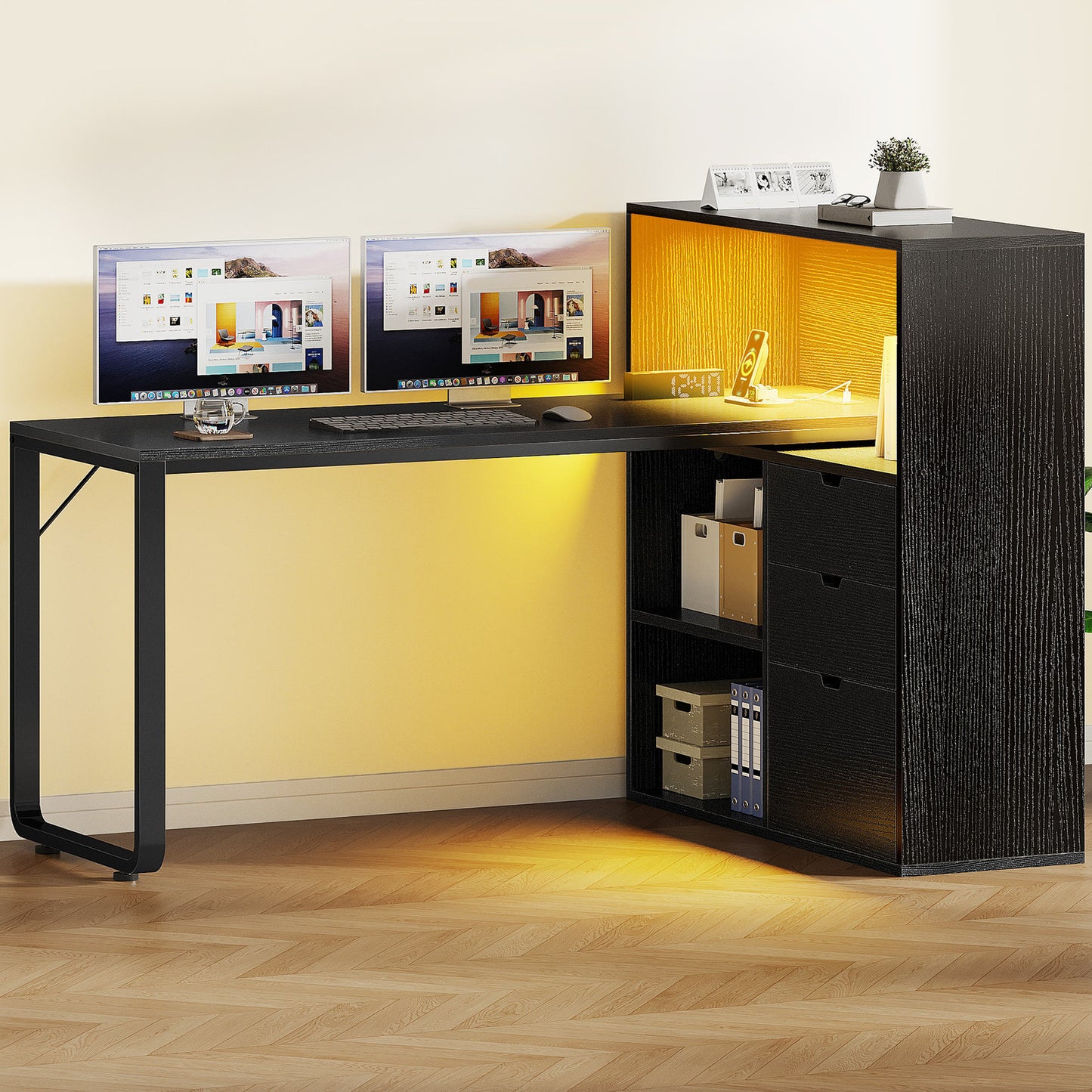 55" Computer Desk L Shaped Desk with Drawers & Power Outlets with Bookshelf