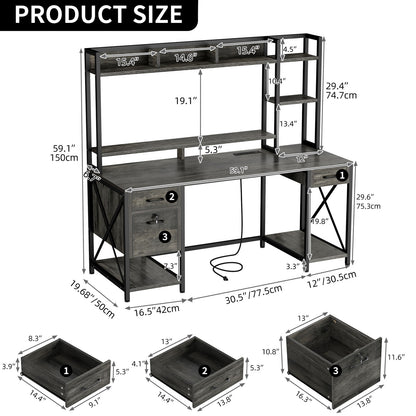 59" LED Computer Desk with Power Outlets Gaming Desk Home Office Desk with Hutch