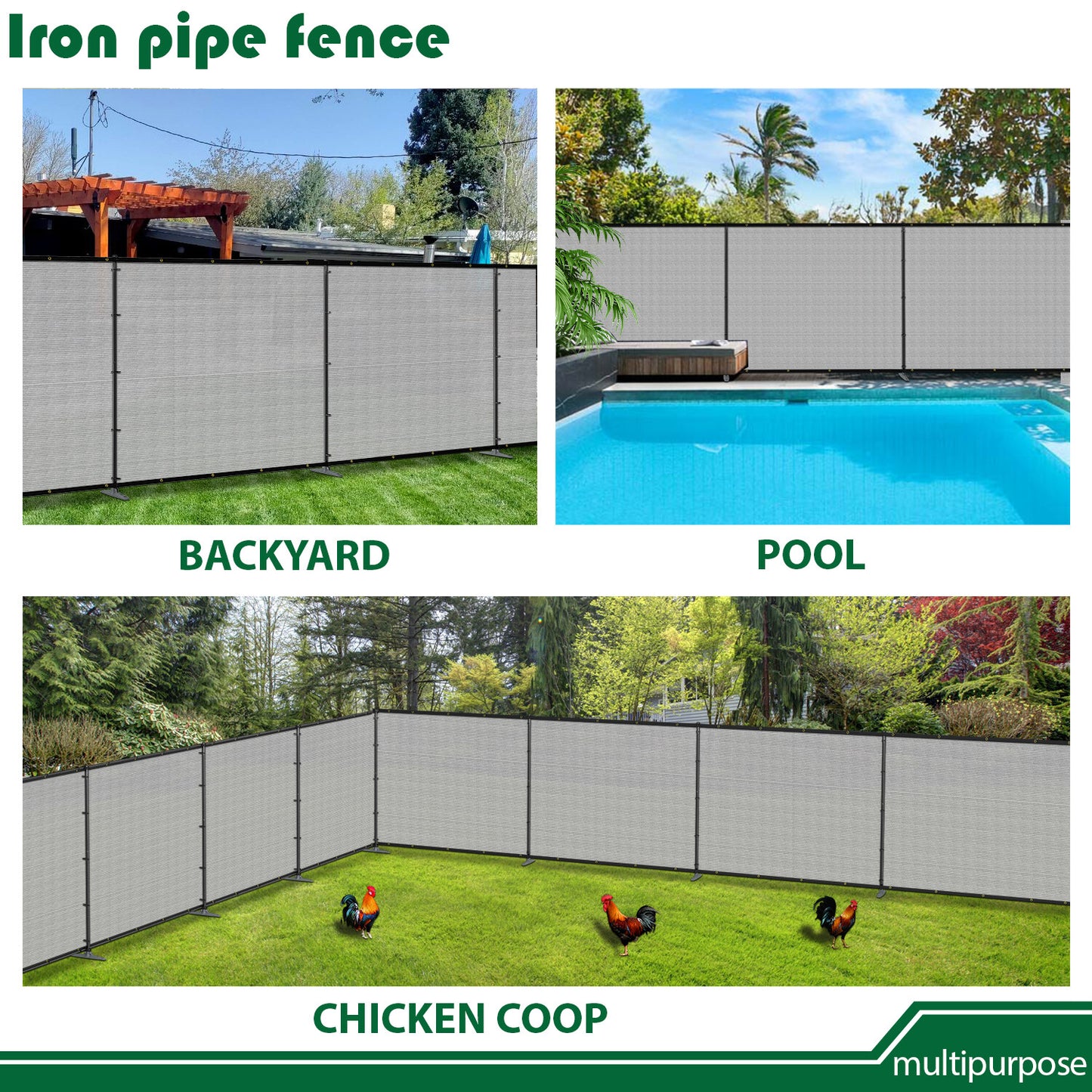 Heavy Duty Outdoor Freestanding Privacy Screen Fence Panels with Iron Poles