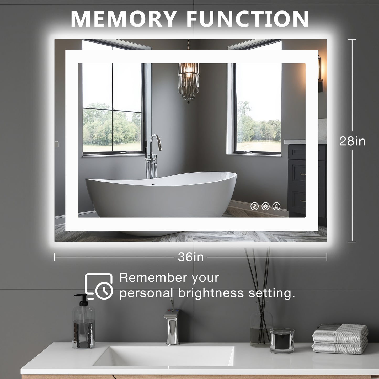 LED Dimmable Lighted Bathroom Mirror Anti-Fog Wall Mounted Rectangle Mirror