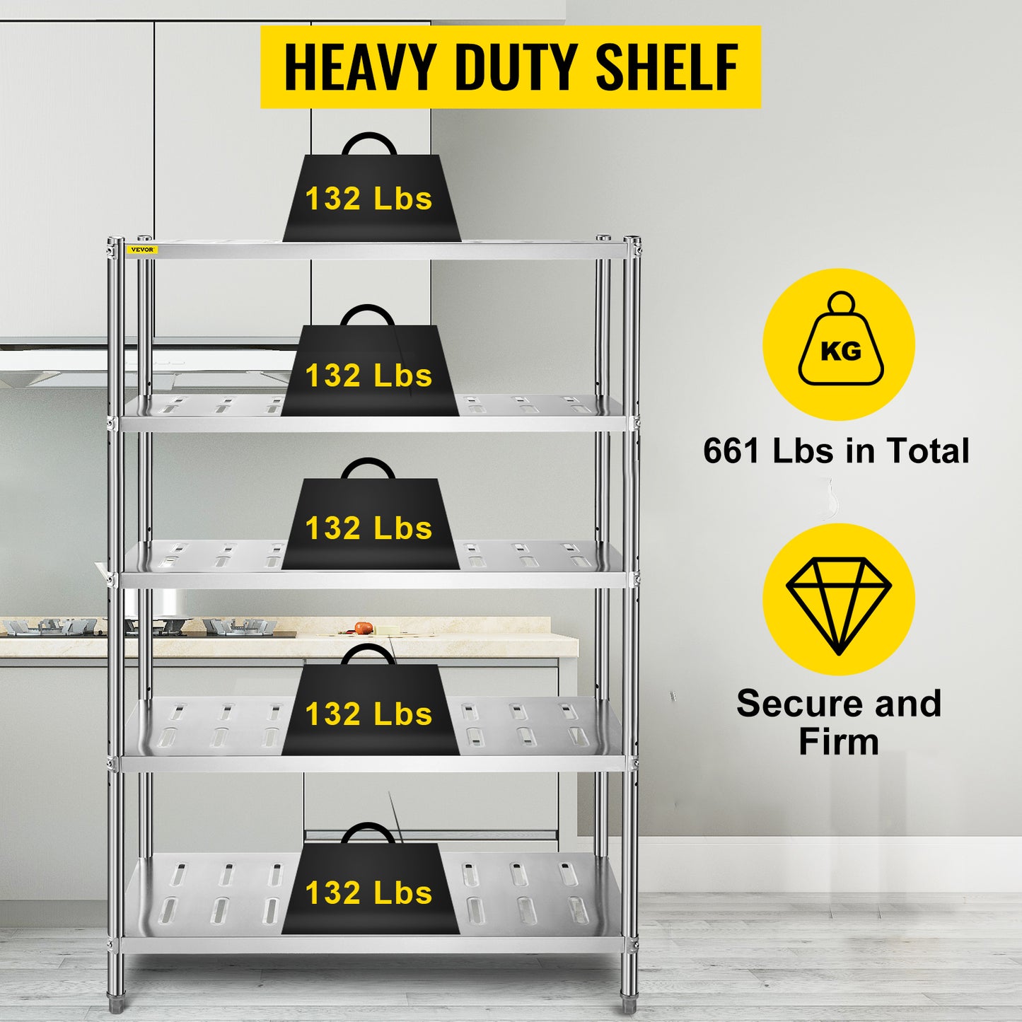 VEVOR Stainless Steel Shelving Heavy Duty Kitchen Shelf 4/5Tier Solid/Perforated
