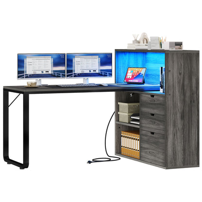 55" Computer Desk L Shaped Desk with Drawers & Power Outlets with Bookshelf
